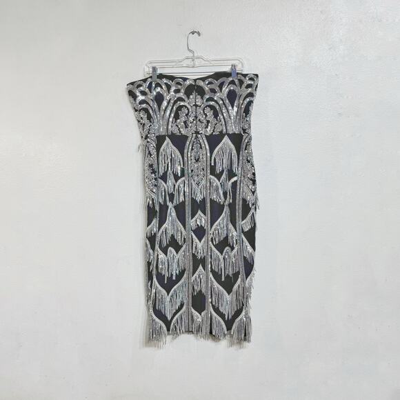 Dress the Population Black Viviana Sequin Fringe Strapless Midi Dress Sz XXL - Picture 10 of 13